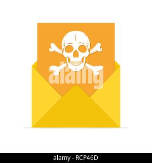 Mail-spam-Symbol im flachen Design. Vector Illustration. Cartoon offenen Umschlag mit dem Schädel und Knochen auf Blatt Papier Dokument Symbol Stock Vektor