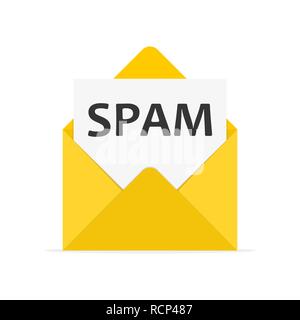 Mail-spam-Symbol im flachen Design. Vector Illustration. Ein geöffneter Briefumschlag mit einer Warnung über Spam Stock Vektor