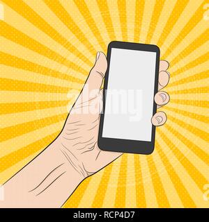 Telefon in der Hand in flachen Pop Art Design. Vector Illustration. Cartoon hand mit smart phone Stock Vektor