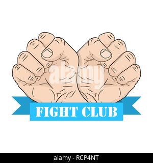 Club Emblem mit zwei Fäuste und Farbband im flachen Design kämpfen. Vector Illustration. Fight Club Logo auf weißem Hintergrund Stock Vektor