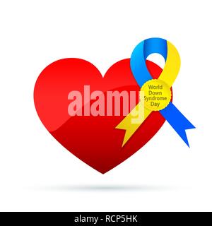 Symbol für die Welt Down-syndrom Tag mit einem roten Herzen. Vector Illustration. 21. März. Herz und Ribbon isoliert. Stock Vektor