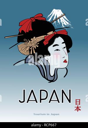 Plakat mit einem Porträt einer japanischen Geisha Frau - Vector Illustration (Bedeutung der japanischen Zeichen = Japan) Stock Vektor