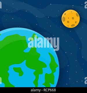 Platz Muster mit Erde, Mond und Sterne. Vector Illustration. Cartoon raum Hintergrund in flacher Ausführung. Stock Vektor