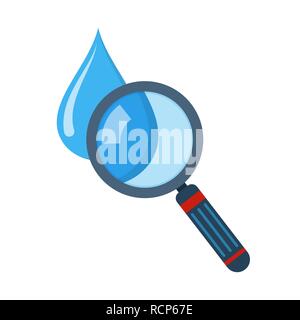 Wassertropfen und Lupe in flacher Ausführung. Vector Illustration. Drop und Lupe, auf weißem Hintergrund Stock Vektor