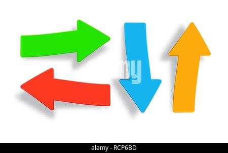 Satz farbiger Pfeil Symbole mit Schatten. Vector Illustration. Pfeile Sammlung: Oben, unten, rechts und links. Stock Vektor