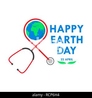 Happy Earth Day Hintergrund mit Stethoskop in flacher Ausführung. Vector Illustration. Happy Earth Day, Ökologie Konzept. Stock Vektor