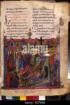 Die Deposition (Manuskriptillumination aus dem Matenadaran Evangelium). Museum: Mesrop Mashtots Institut für alte Handschriften (Matenadaran), Jerewan. Autor: Meister des Codex Matenadaran. Stockfoto