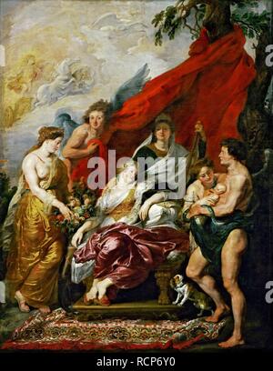 Die Geburt des Dauphin in Fontainebleau (Marie de Medici Zyklus). Museum: Musée du Louvre, Paris. Autor: RUBENS, Pieter Paul. Stockfoto