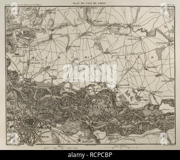 Napoleonischen Karte. Insel Lobau (in der Nähe von Wien, Österreich). Schlachten wurden auf diesem Gebiet während der Napoleonischen Kriege zwischen Österreich und Frankreich gekämpft. Atlas de l'Histoire du Consulat et de l'Empire. Geschichte des Konsulats und des Empire von Frankreich unter Napoleon von Marie Joseph Louis Adolphe Thiers (1797-1877). Zeichnungen von Dufour, Stiche von Dyonnet. In Paris, 1864 bearbeitet werden. Stockfoto