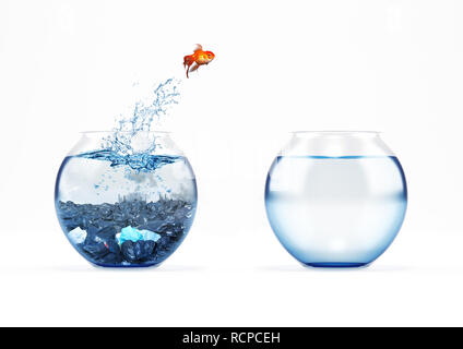 Verbesserung und beweglichen Konzept mit ein Goldfisch springen von einem schmutzigen Aquarium zu einem sauberen Ein Stockfoto
