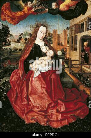 Madonna mit Kind und zwei Engeln gekrönt. Museum: Wilanów Palast Museum. Autor: Meister von Frankfurt. Stockfoto