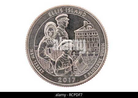 Ellis Island New Jersey commemorative Quartal Münze isoliert auf weißem Stockfoto