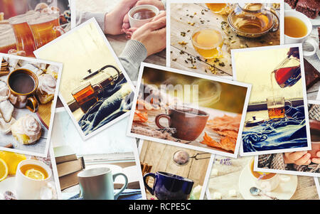 Collage Herbst. Kaffee heiß trinken. Selektiver Fokus Essen Stockfoto