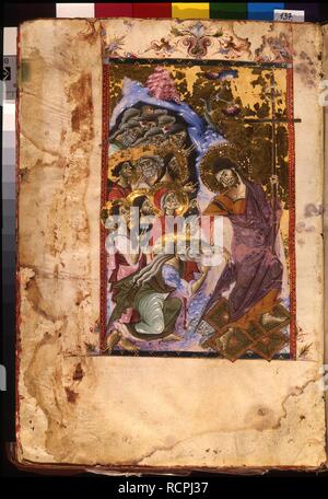 Der Abstieg in die Hölle (Manuskriptillumination aus dem Matenadaran Evangelium). Museum: Mesrop Mashtots Institut für alte Handschriften (Matenadaran), Jerewan. Autor: Meister des Codex Matenadaran. Stockfoto