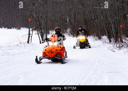 Motorschlitten reiten auf einem Gespurten Trail entlang der Sacandaga River Valley in der Nähe von Spekulant, NY, USA Stockfoto