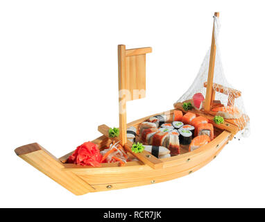 Eingestellt von sushi Rollen auf einer hölzernen Schiff. Kreative Gerichte. Menü. Stockfoto