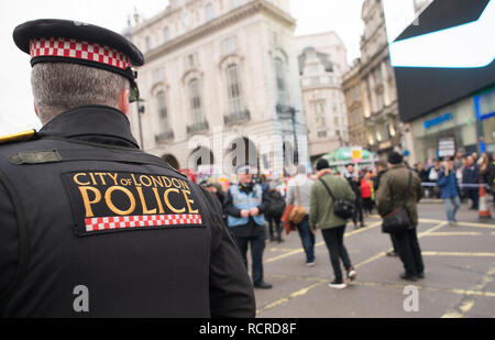 Stadt London Polizisten Begleitung und Überwachung der Großbritannien ist gebrochen - allgemeine Wahl jetzt Straße Demonstration durch die Innenstadt von London, UK. Stockfoto