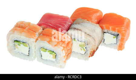 Satz von lecker Sushi rollen. Auf weissem Hintergrund. Menü der japanischen Restaurant. Stockfoto