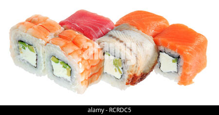 Satz von lecker Sushi rollen. Auf weissem Hintergrund. Menü der japanischen Restaurant. Stockfoto
