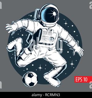 Astronaut Fußball spielen oder Fußball im Raum. Vector Illustration. Stock Vektor