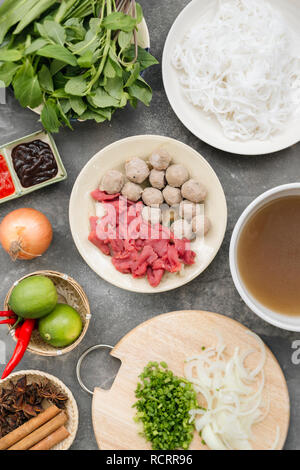 Traditionelle vietnamesische Nudelsuppe pho in Schalen, konkreten Hintergrund. Vietnamesische Rindfleisch Suppe pho bo, Close-up. Asiatische und vietnamesische Küche. Vietnamesische Abendessen Stockfoto