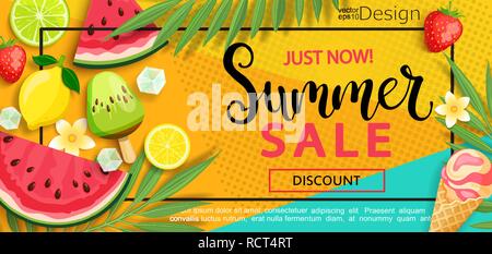 Super Sale Flyer mit Gourmet Essen zum Sommer wie Eis, Wassermelone, Erdbeeren. Vector Illustration Vorlage und Banner, Wallpaper, Flyer, Einladung, Plakat, Broschüre, gutschein rabatt. Stock Vektor