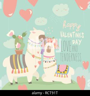 Cartoon Mexican White Alpakas Lamas Paar mit Herzen Luftballons. Happy Valentines Tag Stock Vektor
