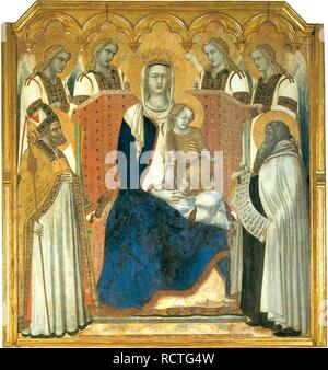 Madonna mit Kind auf dem Thron zwischen Saint Nicholas und Propheten Elia (Madonna del Carmine). Museum: Pinacoteca Nazionale, Siena. Autor: Lorenzetti, Pietro. Stockfoto