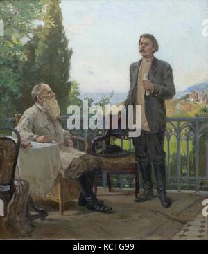 Maxim Gorki besuchen Leo Tolstoi in Gaspra auf 1902. Museum: private Sammlung. Autor: Kirillov, Alexey Ignatyevich. Stockfoto