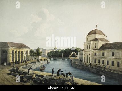 Blick auf die Moika und Michael Palast aus dem kaiserlichen Stallungen. Museum: Staatliche Eremitage, St. Petersburg. Autor: Martynov, Andrei Yefimovich. Stockfoto