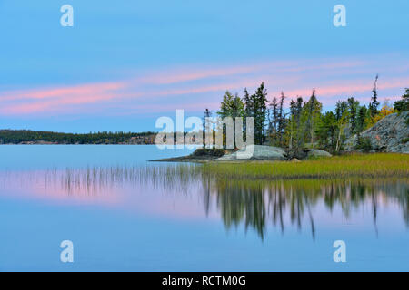 Sonnenuntergang Himmel Reflexionen in Langen See, Fred Henne Territorial Park, Northwest Territories, Northwest Territories, Kanada Stockfoto