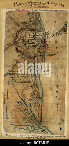 Plan von Yorktown, Virginia... April, 1862. Zeigt das Gebiet der York Fluß Küstenlinie von Mühle Creek zu Wormsley Creek mit besonderem Augenmerk auf die Landschaftsformen und Verteidigungen um Yorktown und das Layout der Straßen und Gebäuden in der Stadt. Amerikanischer Bürgerkrieg Stockfoto