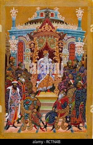 Prinz thront. Abbildung: Auf die Geschichte von Igor's Kampagne. Museum: Museum der Palekh Russische Lackkunst, palekh. Autor: Golikov, Iwan Iwanowitsch. Stockfoto