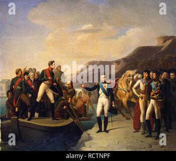 Kaiser Alexander I. von Russland und Napoleon I. von Frankreich an der Neman in der Nähe von Tilsit im Juli 1807. Museum: Staatliche Eremitage, St. Petersburg. Autor: anonym. Stockfoto