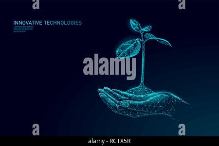 Hände, die Pflanze sprießen Ökologische abstraktes Konzept. 3D-Render Sämling Baum Blätter. Speichern planet Natur Umwelt wachsen Leben eco polygon Dreiecke Low Poly Vector Illustration Stock Vektor