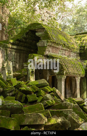 Moos Kolonnade und Dach hinter gefallenen Felsen Stockfoto