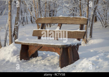 Holzbank im Winter Park, mit Schnee bedeckt. Stockfoto