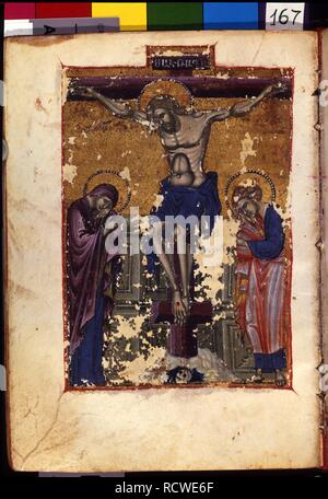 Die Kreuzigung (Manuskriptillumination aus dem Matenadaran Evangelium). Museum: Mesrop Mashtots Institut für alte Handschriften (Matenadaran), Jerewan. Autor: Meister des Codex Matenadaran. Stockfoto