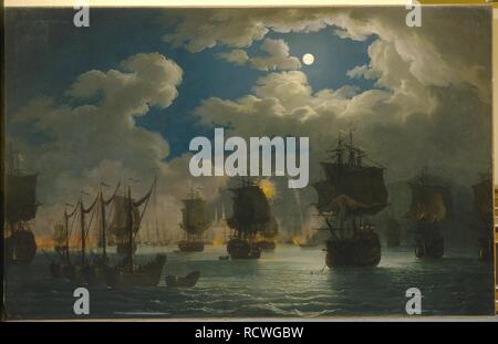 Die Seeschlacht von Chesma in der Nacht vom 26. Juli 1770. Museum: Zustand Open-air Museum Peterhof, St. Petersburg. Autor: Hackert, Jacob Philipp. Stockfoto