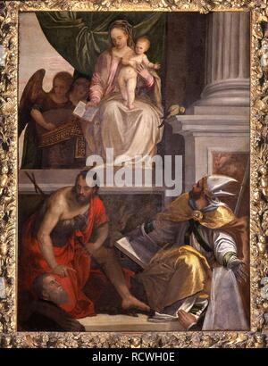 Thronende Madonna mit Kind, der hl. Johannes der Täufer, St. Louis von Toulouse und Spendern. Museum: Museo di Castelvecchio, Verona. Autor: Veronese, Paolo. Stockfoto