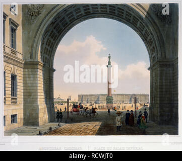 Der Schlossplatz. Blick von der Bogen der wichtigsten Hauptquartier. Museum: A.Puschkin Memorial Museum, St. Petersburg. Autor: Arnout, Louis Jules. Stockfoto