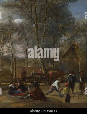Kegelbahn Spieler außerhalb einer Inn. Museum: National Gallery, London. Autor: Steen, Jan Havicksz. Stockfoto