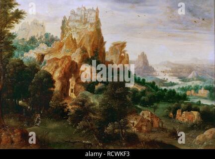 Landschaft mit dem Gleichnis vom barmherzigen Samariter. Museum: Kunst Museum, Vienne. Autor: Herri met de Bles, Henri de. Stockfoto