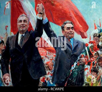 Freundschaft (Leonid Breschnew und Edward Gierek). Museum: private Sammlung. Autor: Radoman, Igor Wladimirowitsch. Stockfoto