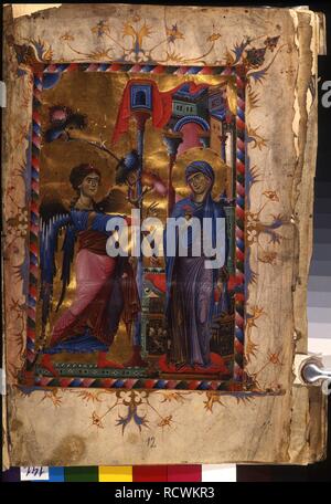 Die Verkündigung (Manuskriptillumination aus dem Matenadaran Evangelium). Museum: Mesrop Mashtots Institut für alte Handschriften (Matenadaran), Jerewan. Autor: Meister des Codex Matenadaran. Stockfoto