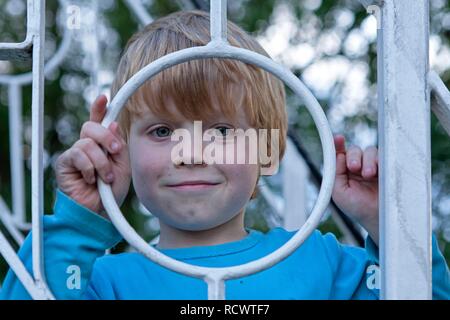 Jungen auf der Suche durch einen Zaun, Hamburg Stockfoto