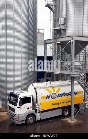 Befüllen von Holzpellets zum Heizen von einem Storage Silo in einem Tanker am WestPellets Firma in Titz, Nordrhein-Westfalen Stockfoto