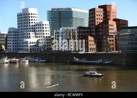 Neue Zollhof oder Gehry Gebäude von Architekt Frank O. Gehry im Medienhafen media Port, Düsseldorf, Rheinland Stockfoto