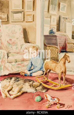 Portrait der Sohn des Künstlers mit einem Hund und Spielzeug. Museum: private Sammlung. Autor: Olga Alexandrovna von Russland, Großherzogin. Stockfoto
