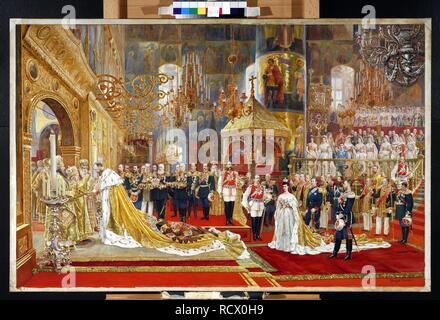 Krönung der Empreror Alexander III. und Kaiserin Maria Fyodorovna. Museum: Staatliche Tretjakow-Galerie, Moskau. Autor: Becker, Georges. Stockfoto